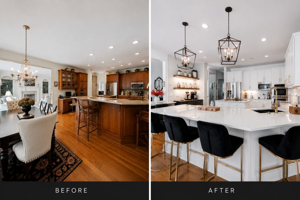 Before-and-after kitchen: dated cherry cabinets and dark island updated to white cabinetry with a quartz island.