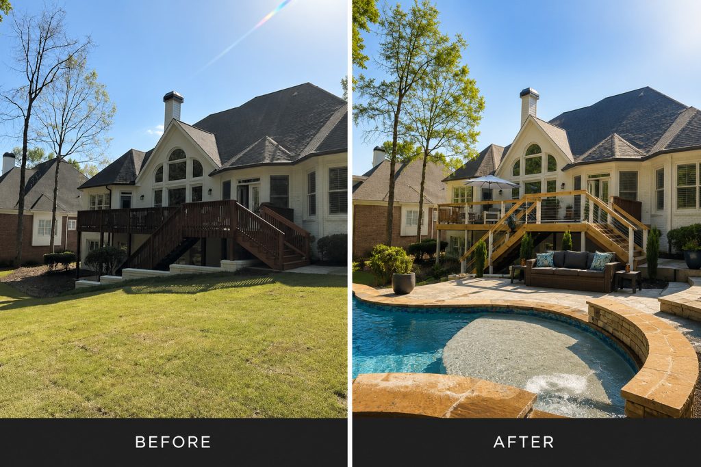 Before-and-after backyard: bare deck and lawn transformed into a pool, stone patio, and covered outdoor living area.