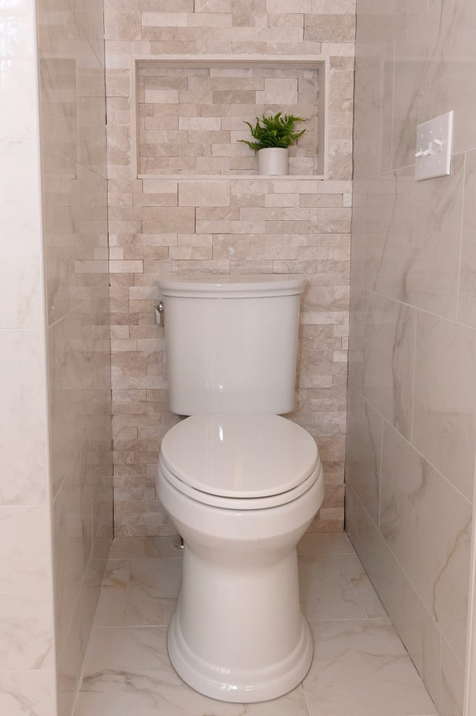 Water closet with a stacked stone accent wall, a framed niche holding a fern, and marble-look side walls.