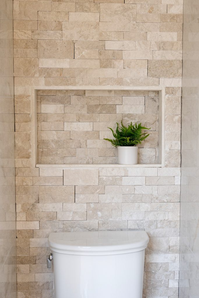 Close-up of a stacked stone feature wall with a bordered niche holding a fern above a white toilet tank.